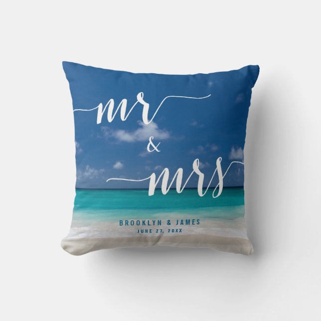 M. et Mme Calligraphy Beach Coussins de mariage (Recto)