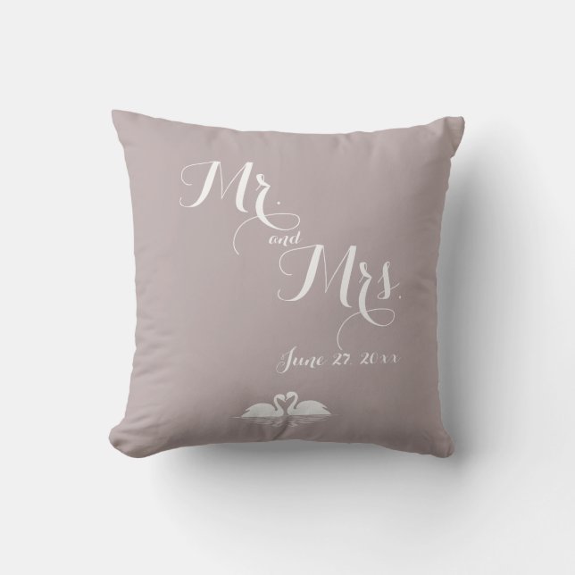 M. et Mme Elegant Grey Mariage Swans Coussin (Recto)