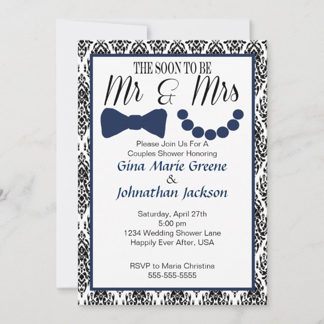 M. et Mme Shower Invitation (Navy1) de damassé (Devant)