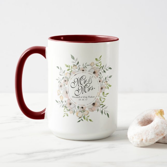 M. et Mme Watercolor Wedding Combo Mug (Avec donut)