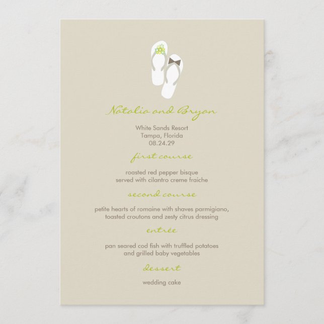 M. & Mme Green Flip Flops Plage Mariage Carte Menu (Devant)