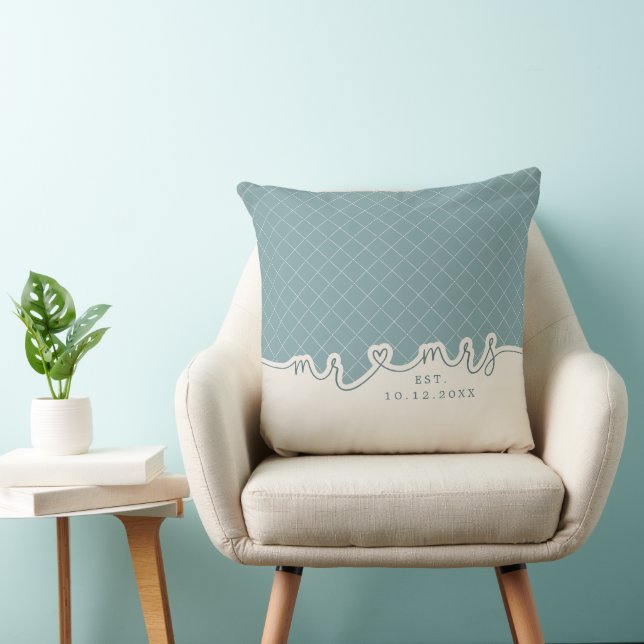 M. Mme Heart Script Coussin Mariage vert Seafoam (Chaise)