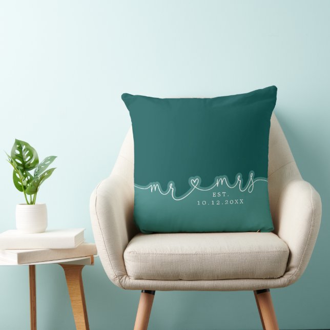 M. Mme Heart Script Turquoise Mariage vert Coussin (Chaise)