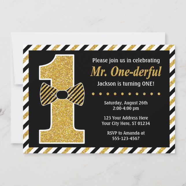 M. ONEderful Birthday Invitation ・ Black and Gold (Devant)