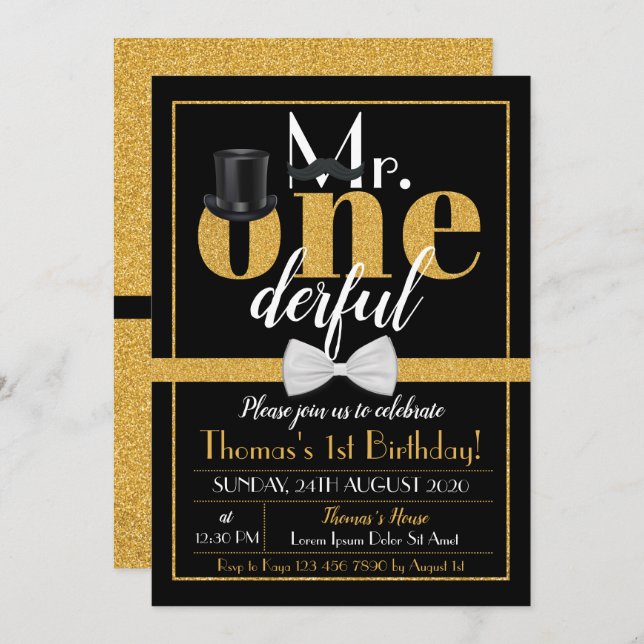 M. Onederful Birthday Invitation Black & Gold (Devant / Derrière)