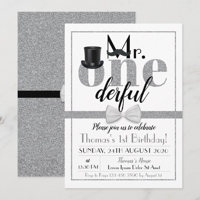 M. Onederful Birthday Invitation Black & White (Devant / Derrière)