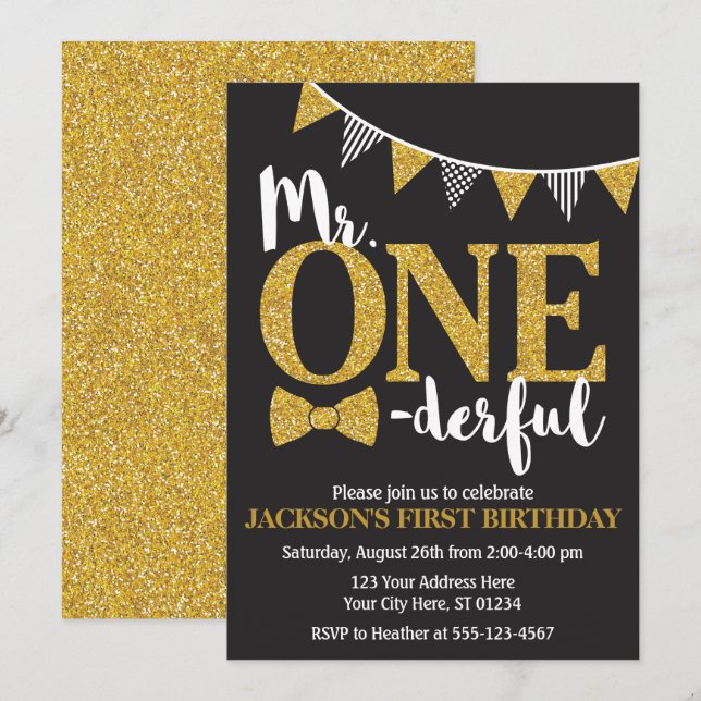 M. ONEderful Birthday Invitation | Noir et or (Devant / Derrière)