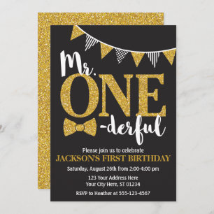 M. ONEderful Birthday Invitation Noir et or