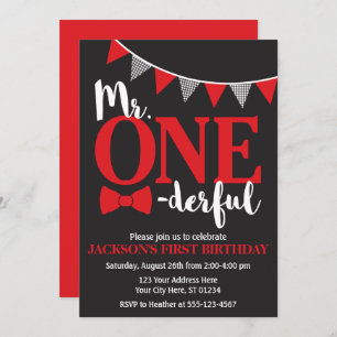 M. ONEderful Birthday Invitation noir et rouge