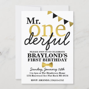 M. Onederful Black and Gold Invitation d'anniversa