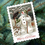 M. Snowman et M. Crow Invitation<br><div class="desc">Cette magnifique carte postale allemande illustre un corbeau qui visite un bonhomme de neige entouré de paysages hivernaux. La simplicité et les couleurs donnent une belle image accrocheuse. Il est parfait pour tous vos besoins de Noël et de vacances.</div>