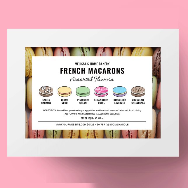 Macarons Arômes Assortis Étiquette Avec Couleurs P (Assorted Macaron Flavors Product Label with macarons clipart which allow you to edit all colors)