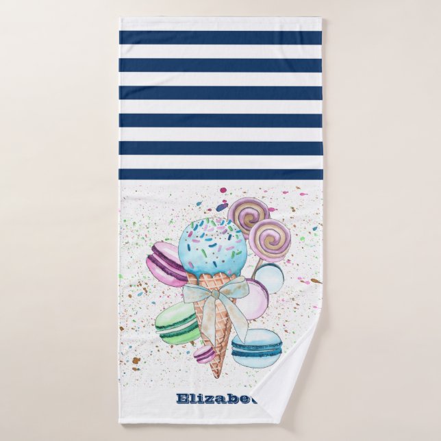 Macarons de glace Navy Blue rayé blanc  (Serviette de bain)