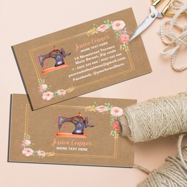 Machine à coudre carte de visite kraft floral (#zazzlemade #tailorbusinesscard #fashioncard #machinebusinesscard #kraftpaper)
