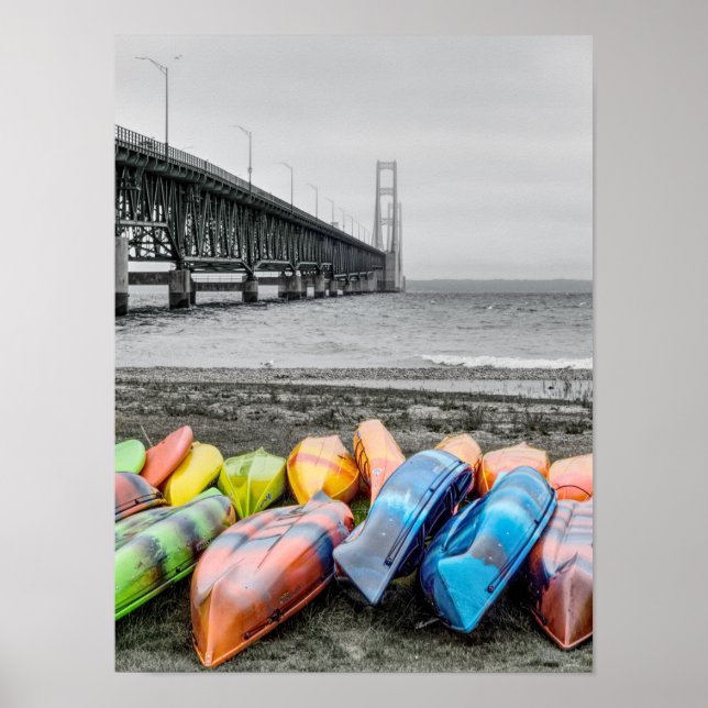 Mackinac Bridge and Canoes Select Color Poster (Devant)