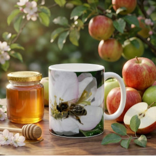 Macro photo Fleur de pommier et abeille   Tasse