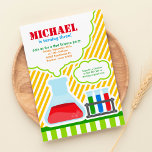 Mad Science Anniversaire Fête Invitation<br><div class="desc">Célébrez votre petite fête d'anniversaire de génie avec une fête d'anniversaire scientifique. Cette Invitation du parti Mad Scientist présente un flacon de laboratoire chimique sur un motif à bandes jaunes. Ajoutez votre petite fête d'anniversaire d'einstein à notre invitation folle de science. Cette conception d'invitations scientifiques est également parfaite pour accueillir...</div>