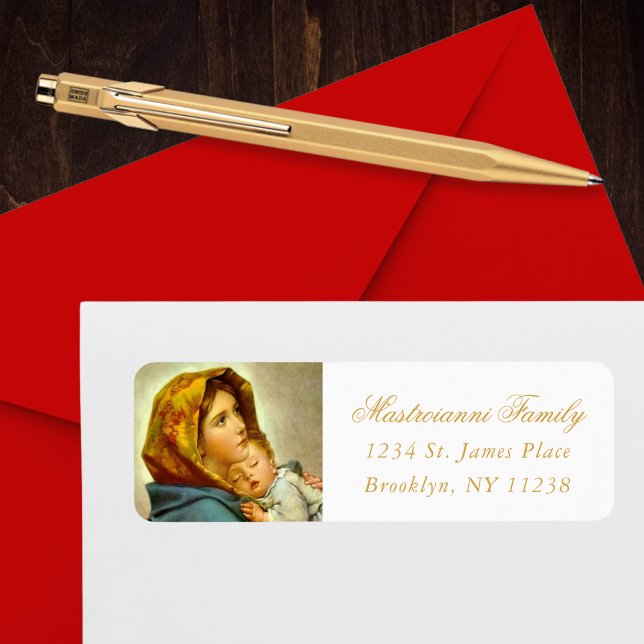 Madonna et Étiquette de adresse de Noël de l'enfan (Madonna & Child religious Christmas return address label in gold and white for Christians)