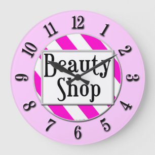 Magasin de beauté rose blanc rayé rétro horloge mu