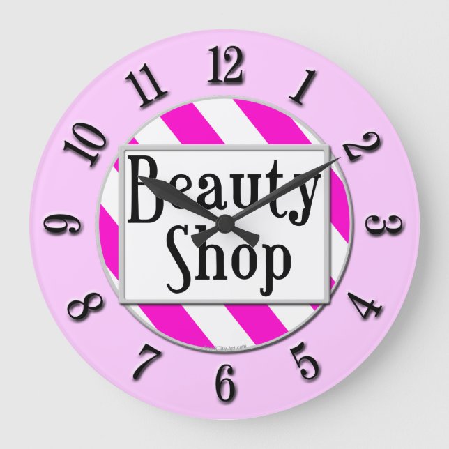 Magasin de beauté rose blanc rayé rétro horloge mu (Recto)