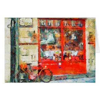 Magasin rouge vintage, bicyclette, carte colorée