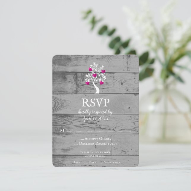 Magenta Arbre des Coeurs Mariage Carte RSVP (Debout devant)