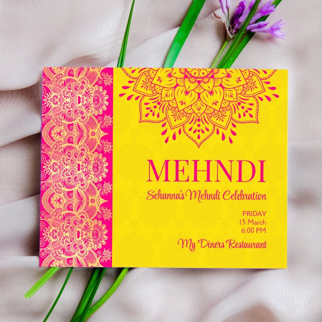 Magenta cerise jaune vif Mehndi invitation budget (Créateur téléchargé)