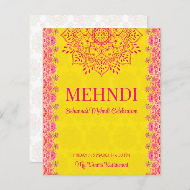 Magenta cerise jaune vif Mehndi invitation budget (Devant / Derrière)