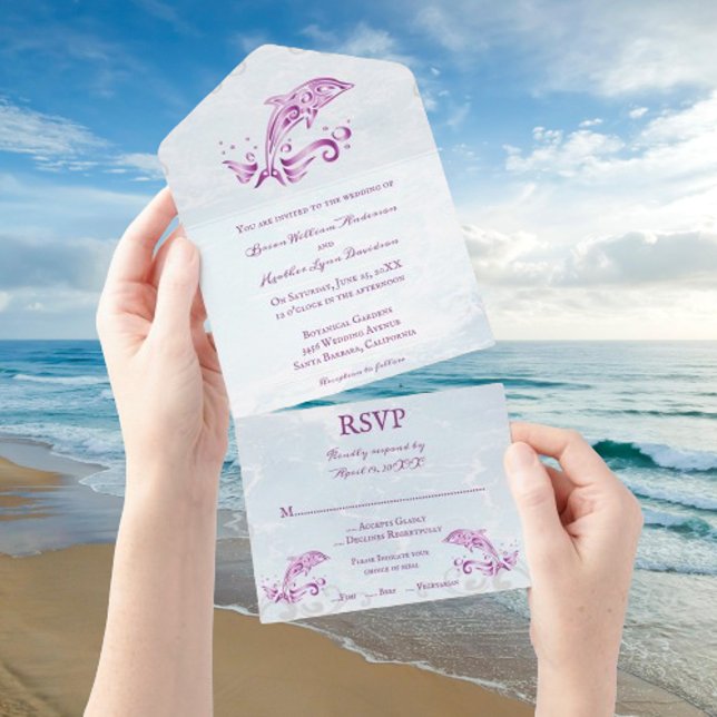 Magenta Dolphin tout en un mariage Invitation (Magenta Dolphin All in One Wedding Invite)