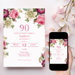 Magenta Floral 90e anniversaire Invitation<br><div class="desc">Invitation d'anniversaire avec de jolis roses d'aquarelle,  des anémones et des clématites. Dans les tons magenta,  rose,  violet et crème. Prêt pour une personnalisation facile.</div>
