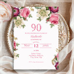 Magenta Floral 90e anniversaire Invitation<br><div class="desc">Invitation d'anniversaire avec de jolis roses d'aquarelle,  des anémones et des clématites. Dans les tons magenta,  rose,  violet et crème. Prêt pour une personnalisation facile.</div>