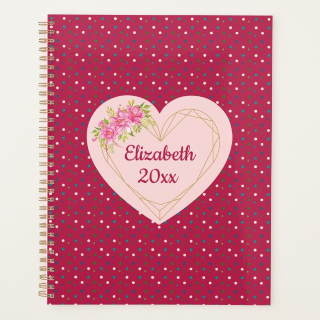 Magenta Floral Golden Heart Personalized Planner (Devant)