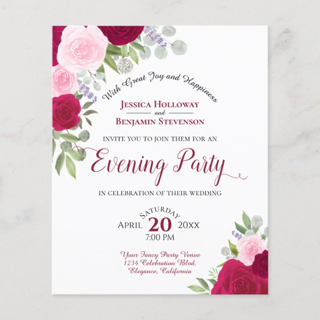 Magenta Floral Mariage Soirée Budget Invitation (Devant)