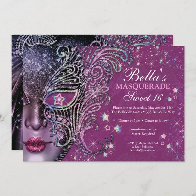 Magenta Galaxy Masquerade Sweet 16 Invitation (Devant / Derrière)