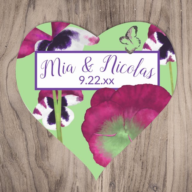 Magenta Green Flowers Stickers cardiaques personna (spring summer green magenta berry pink pansy heart-shaped wedding monogram bride groom names sticker)