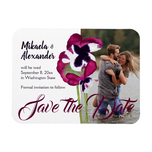 Magenta Pansies Mariage Enregistrer la date Magnet (Horizontal)