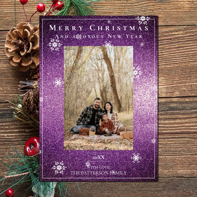 Magenta Parties scintillant Snowflakes Carte photo (Magenta Glitter Snowflakes Holiday Photo Card)