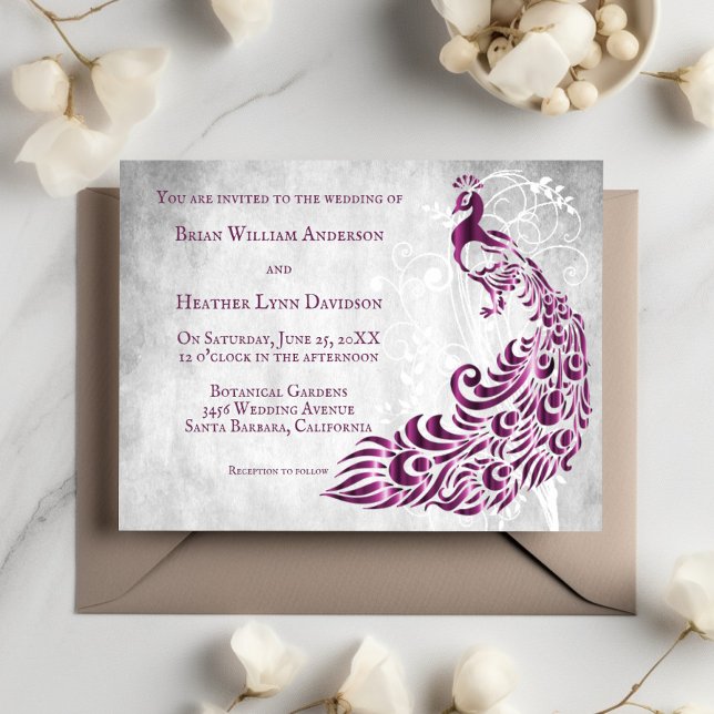 Magenta Peacock Leaf Vine Faire-part de mariage (Magenta Peacock Leaf Vine Wedding Invitation)