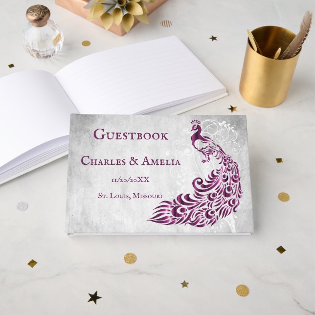 Magenta Peacock Leaf Vine Mariage Livre d'or (Recto ouvert)