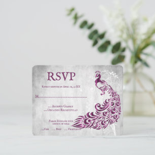 Magenta Peacock Leaf Vine Wedding Carte RSVP