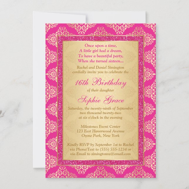 Magenta Pink, Gold Damask 16th Birthday Invitation (Devant)