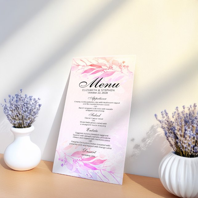 Magenta Rose Aquarelle Feuille Floral Mariage Menu (Créateur téléchargé)