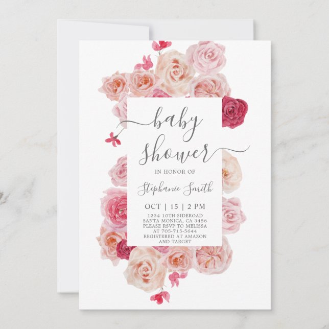 Magenta Rose Baby shower fille Invitation (Devant)