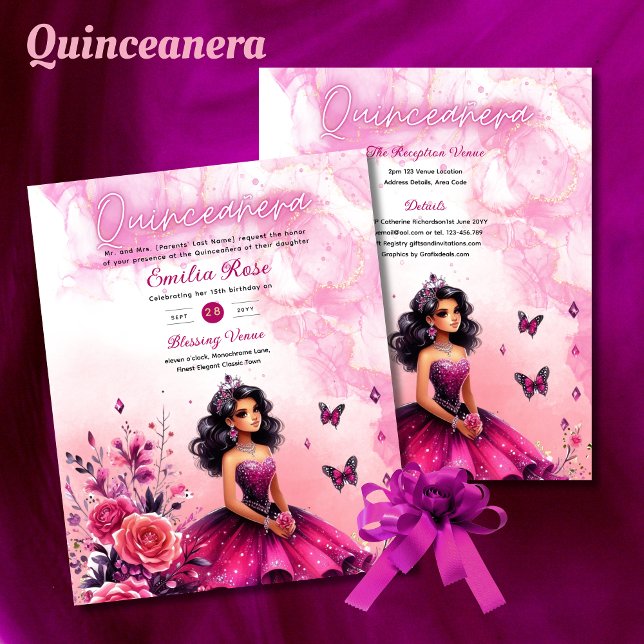 Magenta Rose Quinceanera robe papillons floraux (Créateur téléchargé)