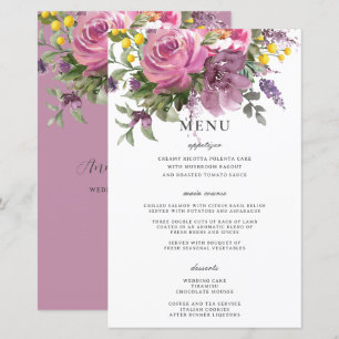 Magenta Rose violet Floral Boho Chic Mariage Menu