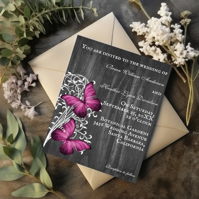 Magenta Rustic Butterfly Faire-part de mariage (Magenta Rustic Butterfly Wedding Invitation)
