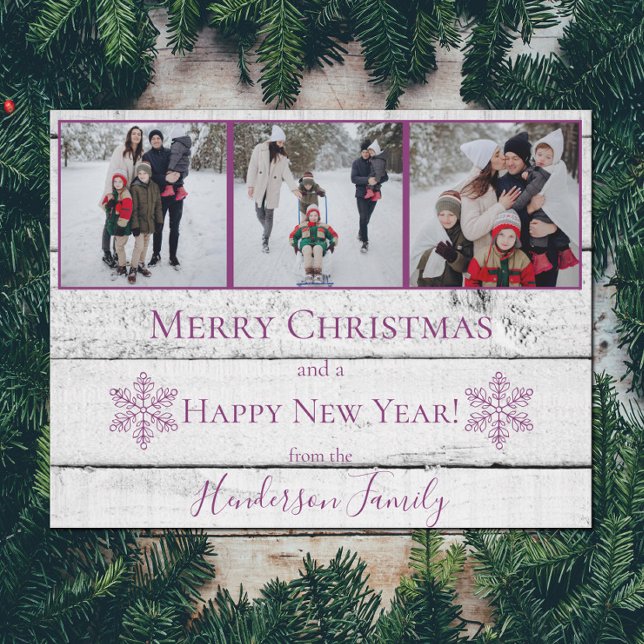 Magenta Rustic Snowflakes Flat Holiday Carte photo (Magenta Rustic Snowflakes Holiday Photo Card)
