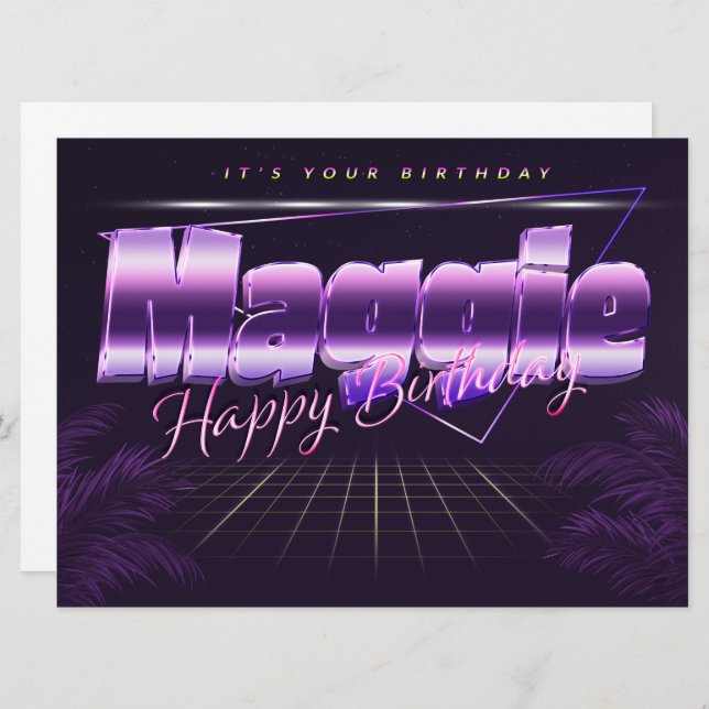 Maggie prénom carte rétro lilas pour anniversaire (Devant / Derrière)