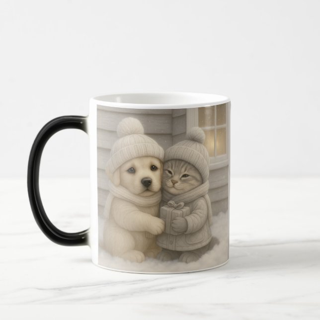 Magic Cozy Winter Mug with Puppy and Kitten Illustration (Gauche)