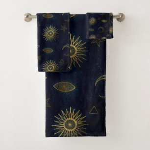 Magic Gold Moon Sun Stars Dark Blue motif